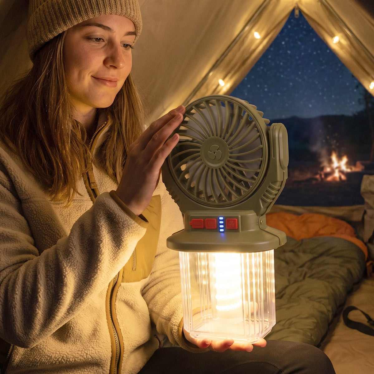 2-in-1 Solar Rechargeable Camping Fan with LED Lantern