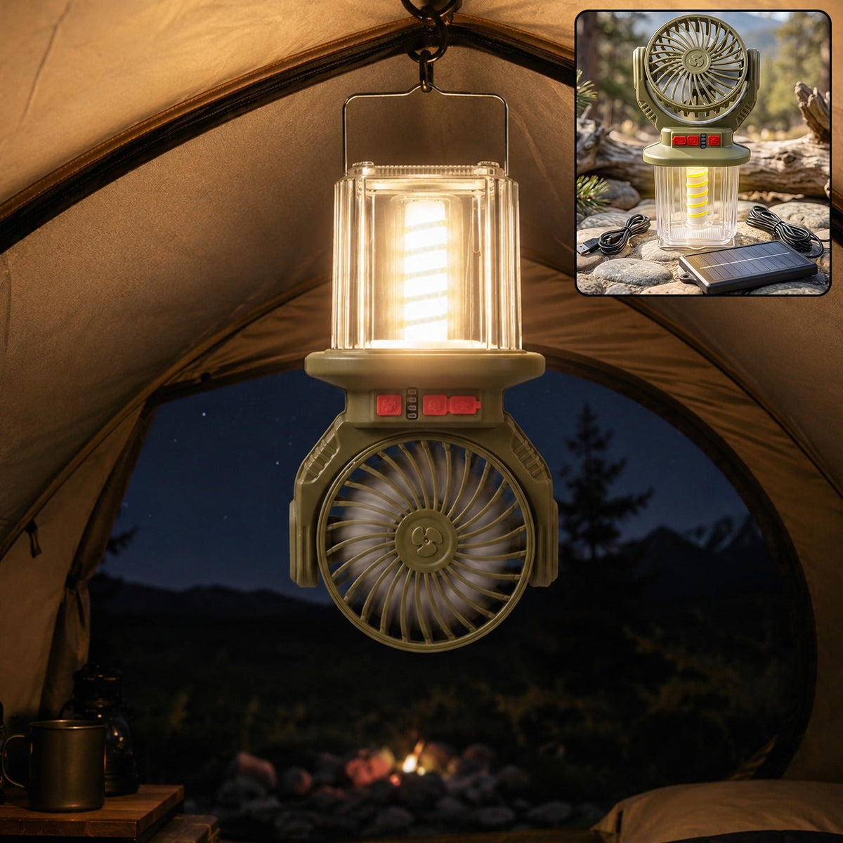 2-in-1 Solar Rechargeable Camping Fan with LED Lantern